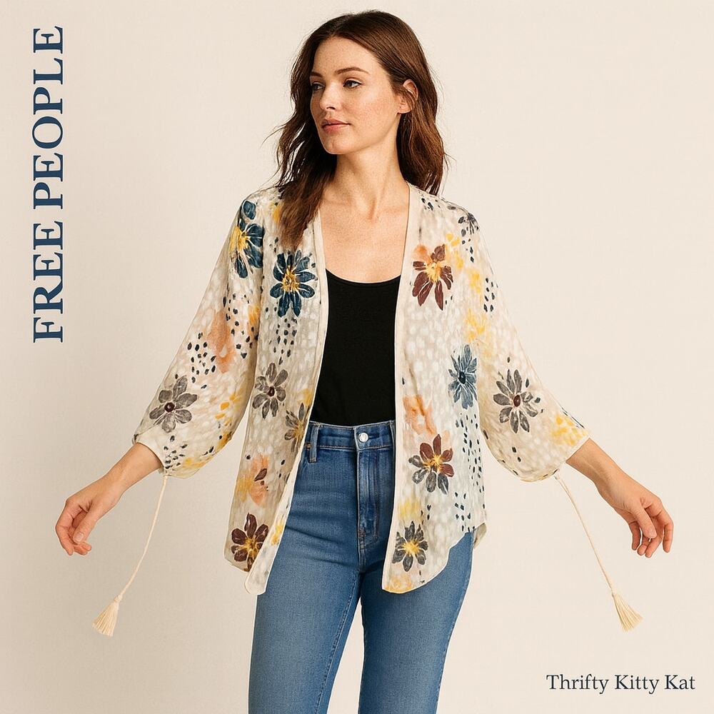 EUC Free People Floral Print Cropped Silk Blend Burnout Kimono‎ Sz. XS White